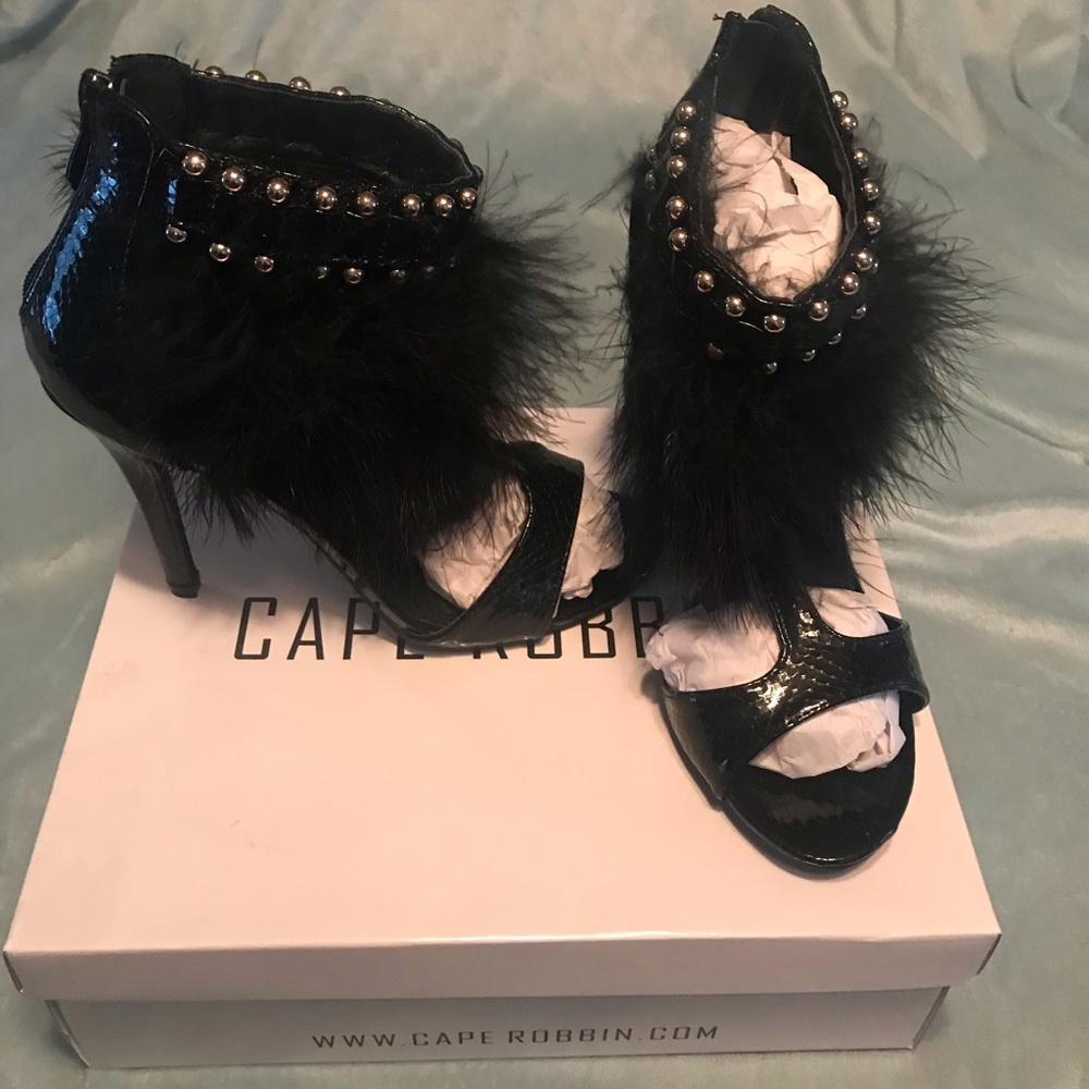Fur T-strap heels